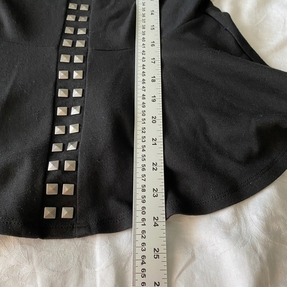 MNG Collection Women's Black Sheer Sleeve Peplum Top Brass Accents Size Small - Picture 14 of 16